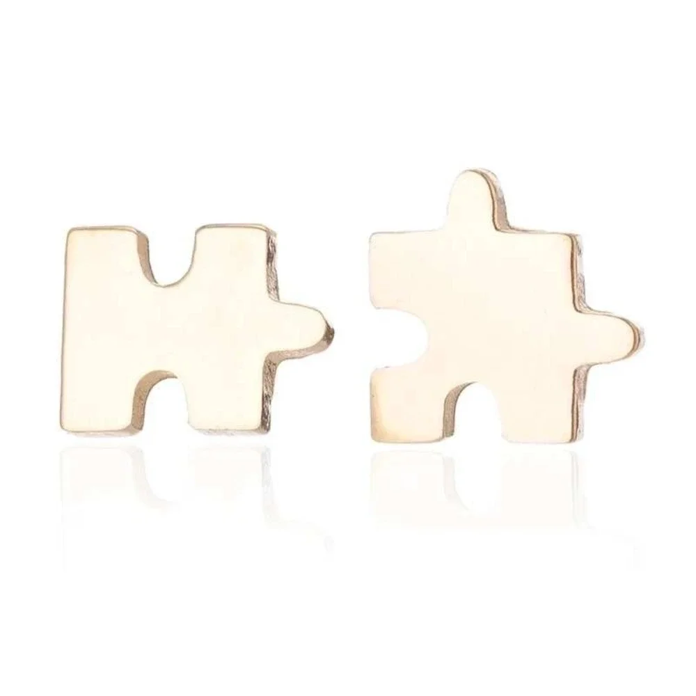 Puzzle Piece Yellow Gold Plated‎ Stainless Steel Stud Earrings Cute Minimalist